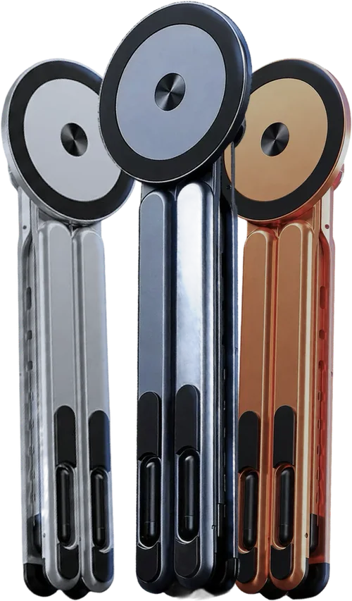 Tres soportes plegados: plata, gris oscuro y naranja